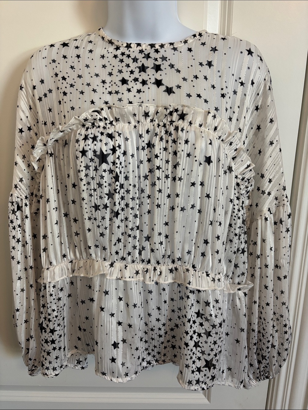 TCEC Womenβs White Star Print Ruffle Blouse S #61T